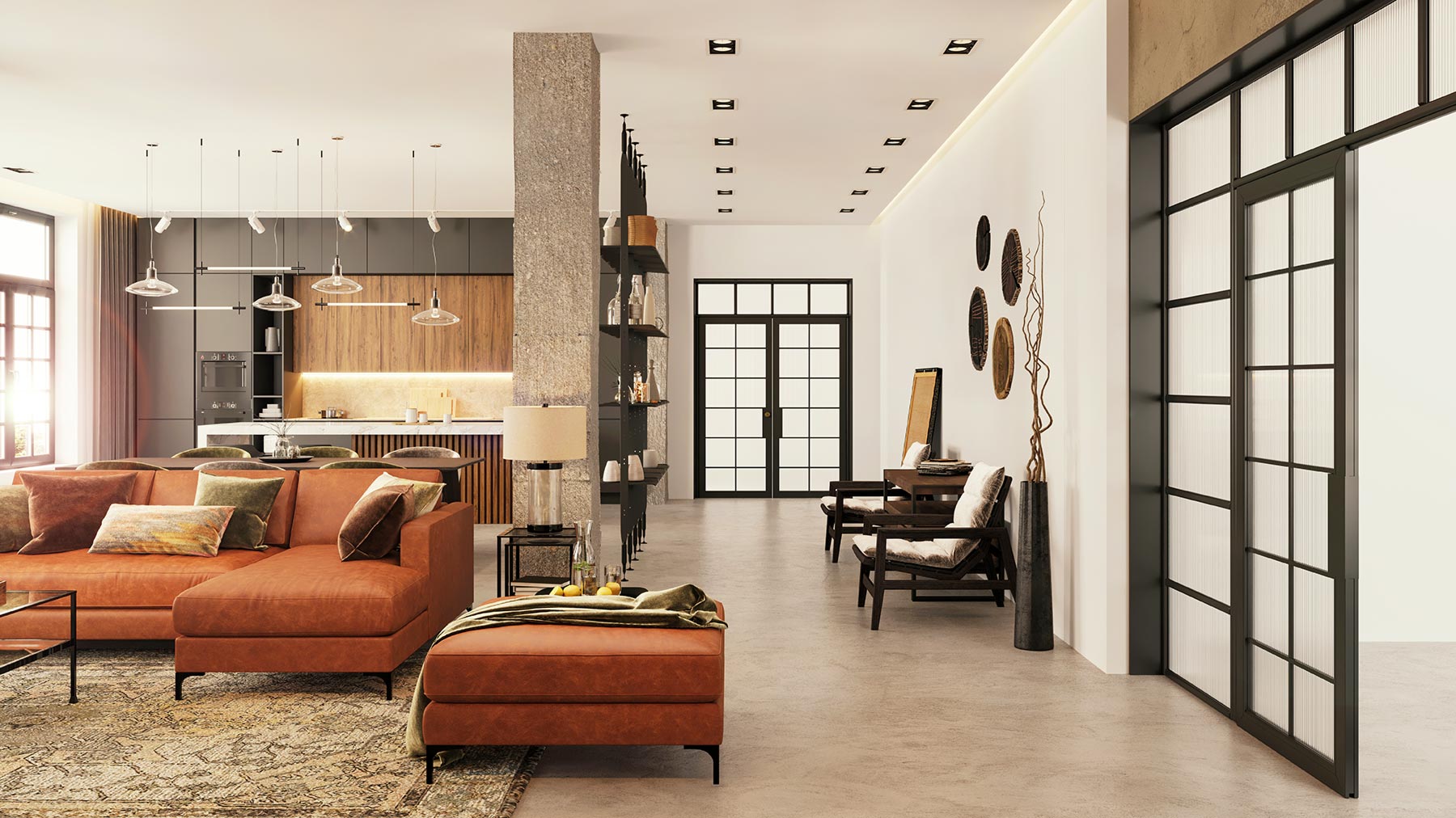 Lofttüren im modernen Wohnkonzept Großzügiges Wohnzimmer mit Lofttüren und industriellem Design