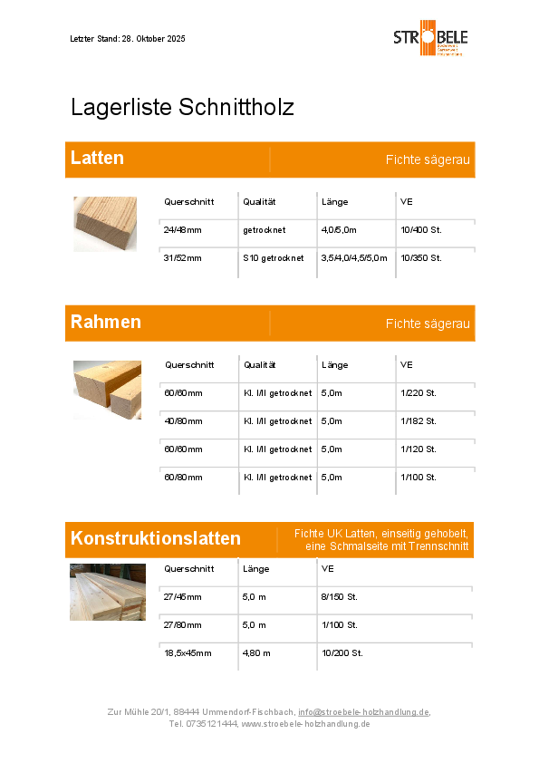 Lagerliste Schnittholz