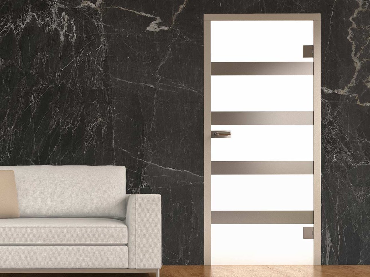Glastüren, auch satiniert, erhältlich. Designtür in Wohnzimmer mit Sofa und dunkler Wand